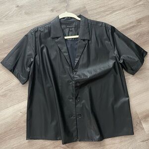 Faux Leather Short Sleeve Button Up Shirt Size S